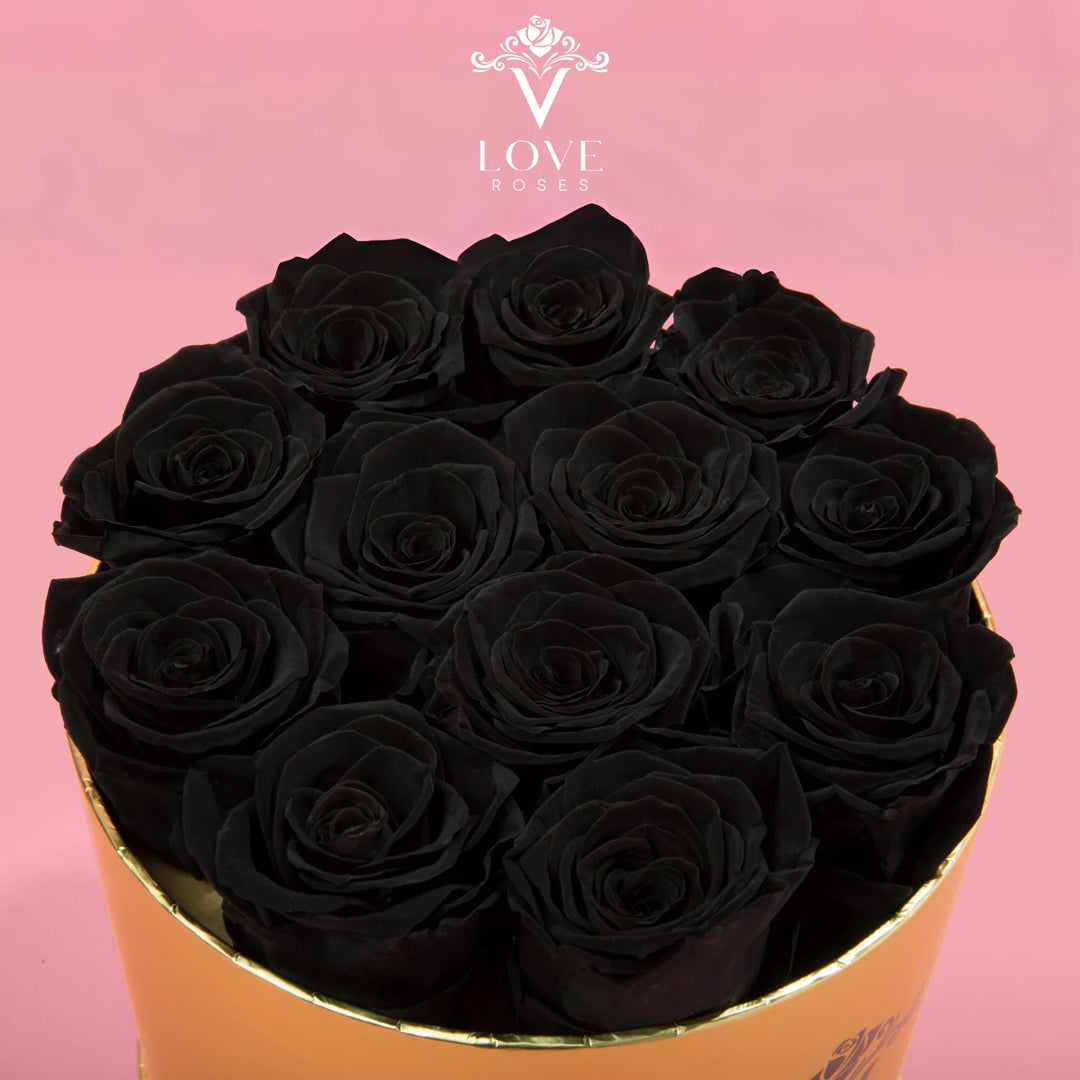 12 Black Forever Roses Gold Box - VLove