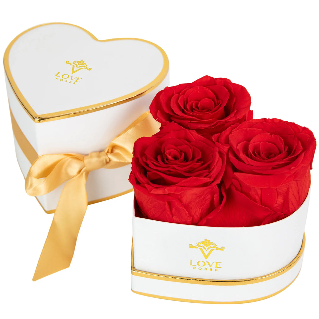 3 Red Forever Roses in White Heart Box - VLove