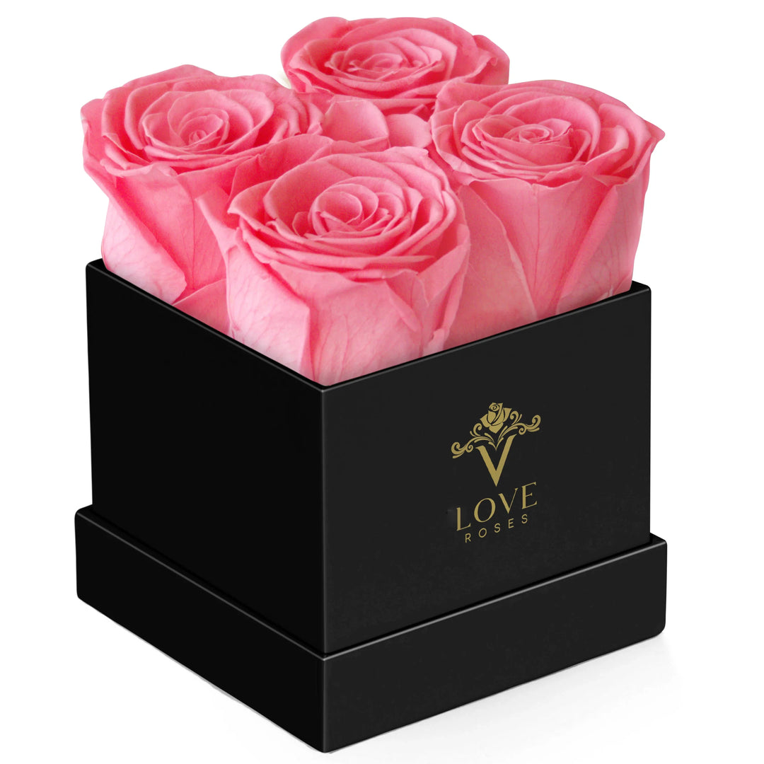4 Pink Forever Roses in Black Box - VLove