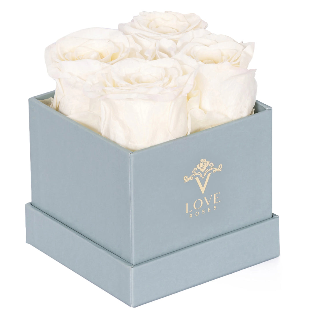 4 White Forever Roses in Blue Box - VLove