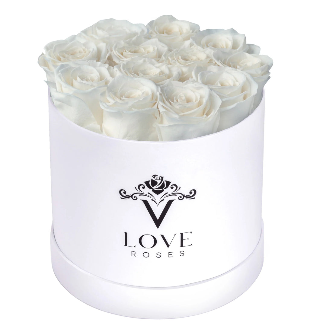 12 White Forever Roses in White Box - VLove