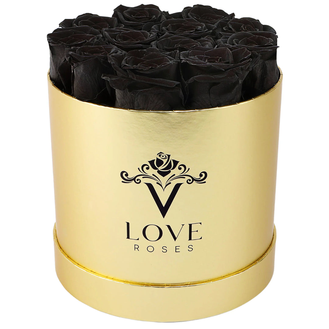 12 Black Forever Roses Gold Box - VLove