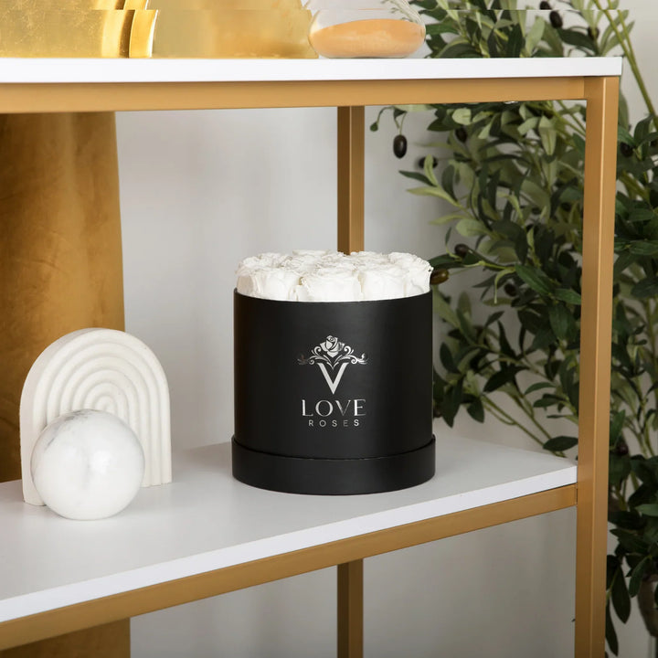 12 White Forever Roses in Black Box - VLove