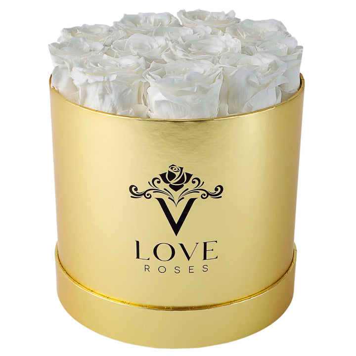 12 White Forever Roses Gold Box - VLove