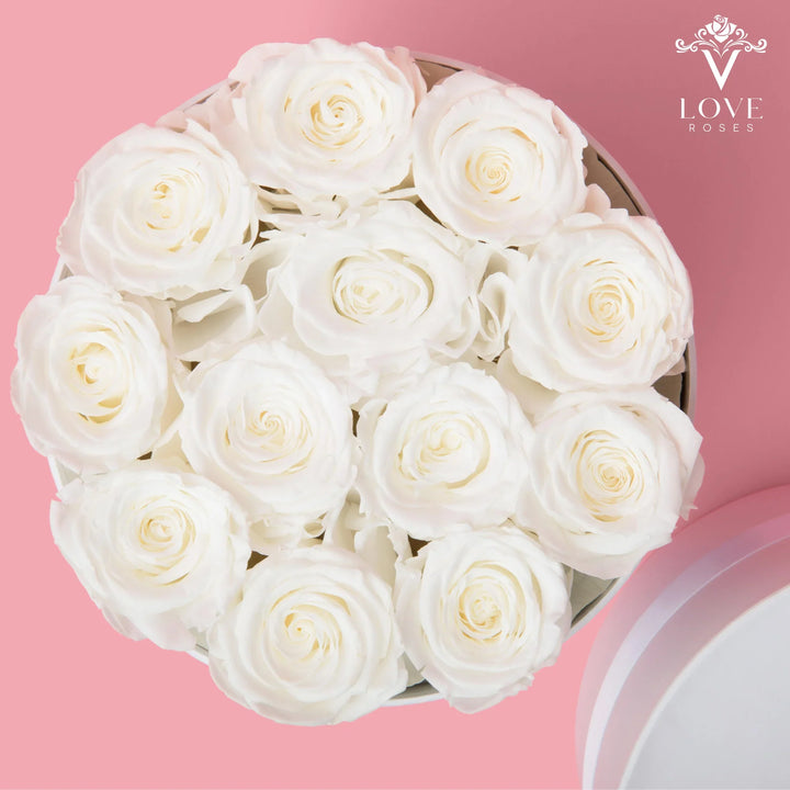 12 White Forever Roses in White Box - VLove