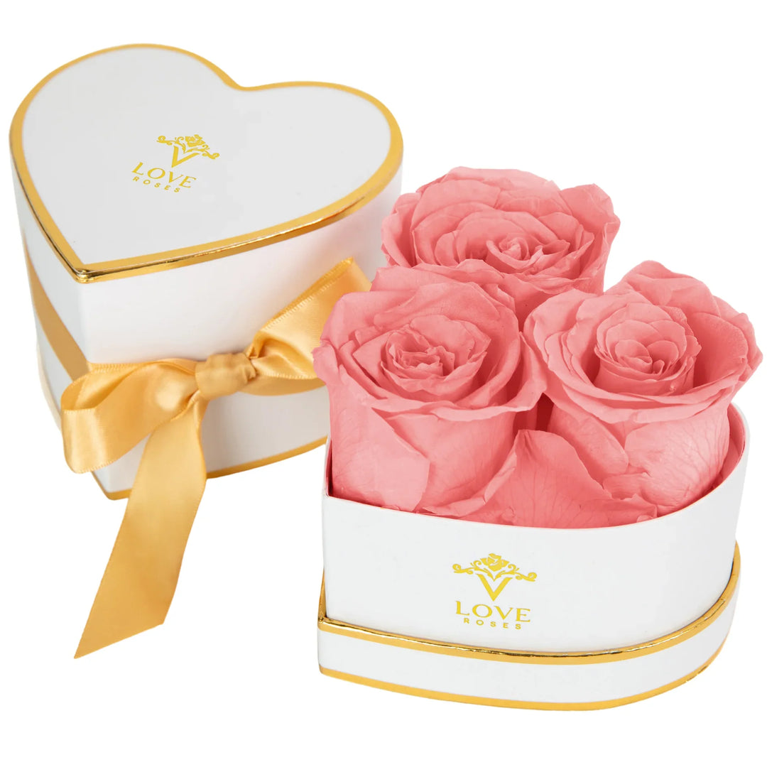 3 Pink Forever Roses in White Heart Box - VLove