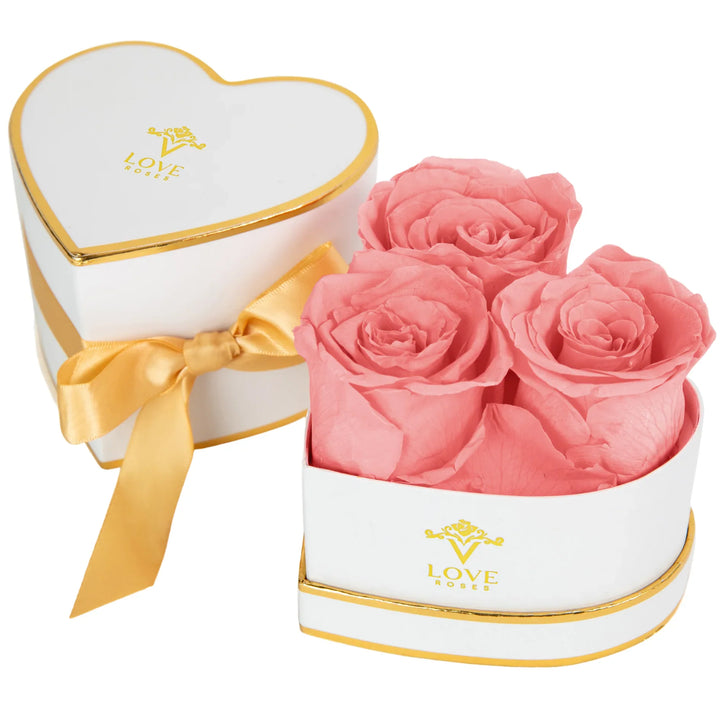 3 Pink Forever Roses in White Heart Box - VLove