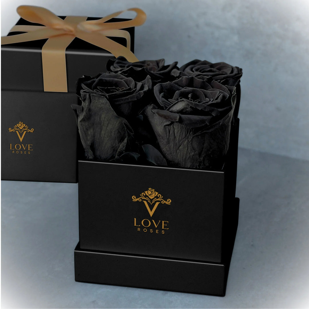 4 Black Forever Roses in Black Box - VLove