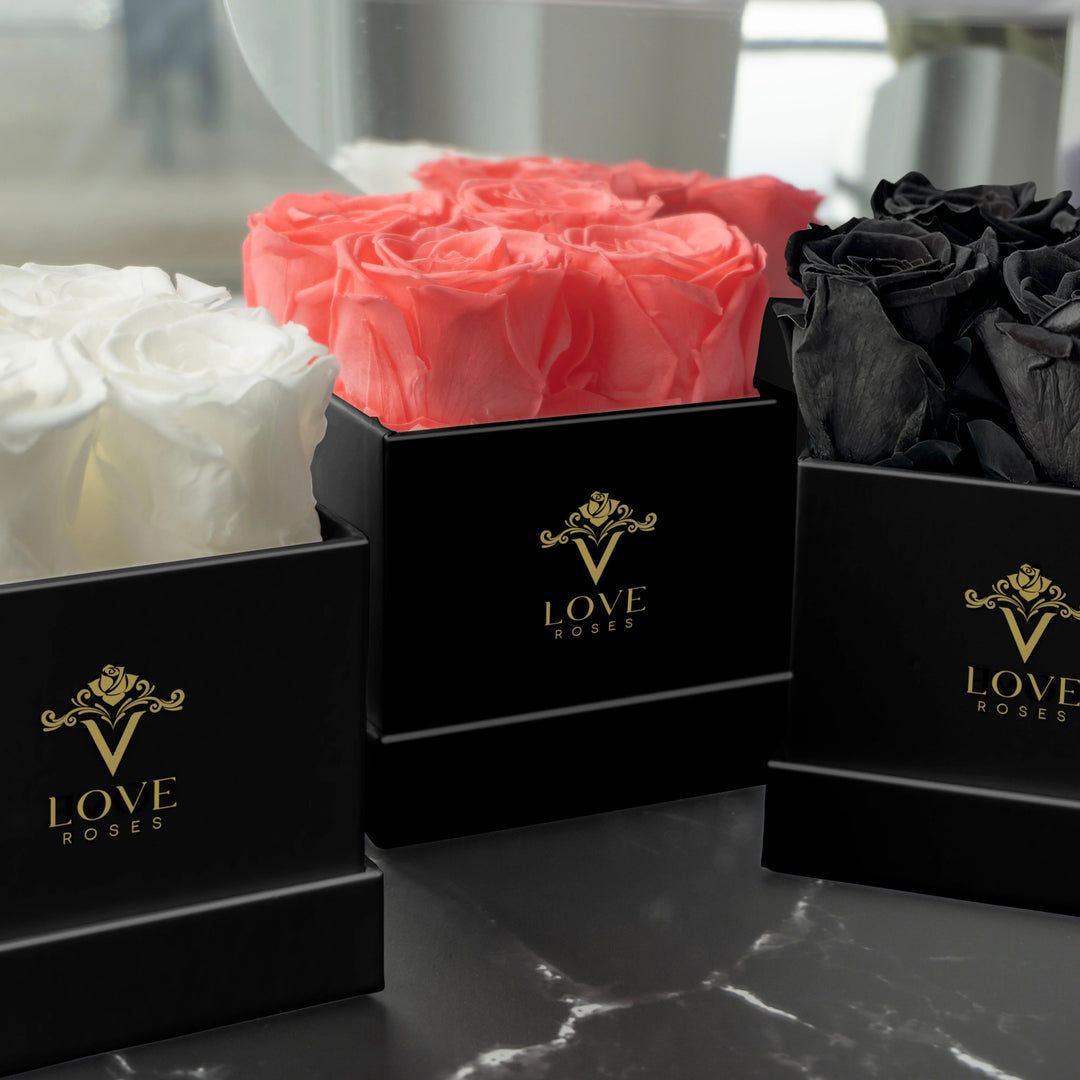 4 Black Forever Roses in Black Box - VLove