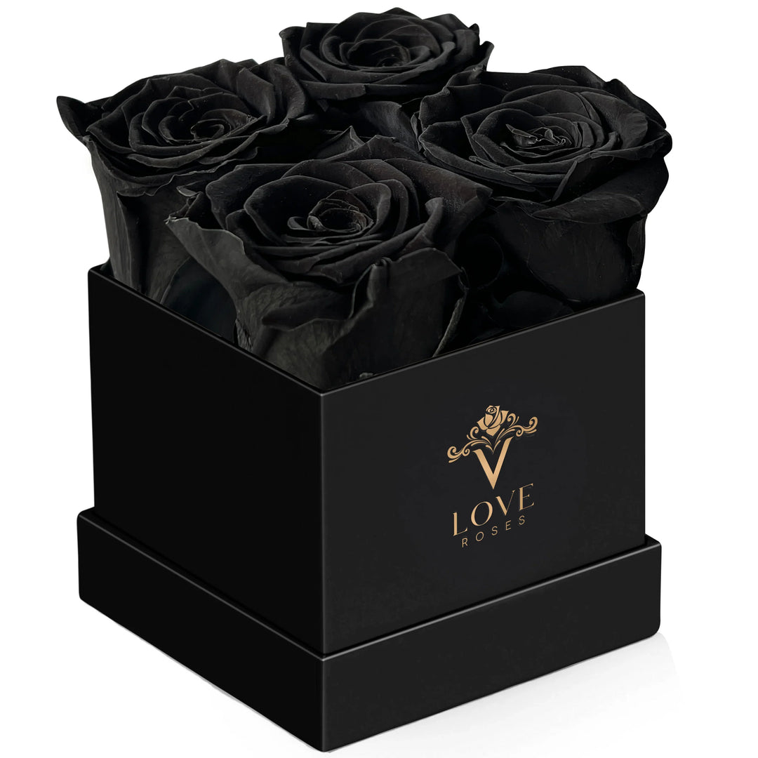 4 Black Forever Roses in Black Box - VLove