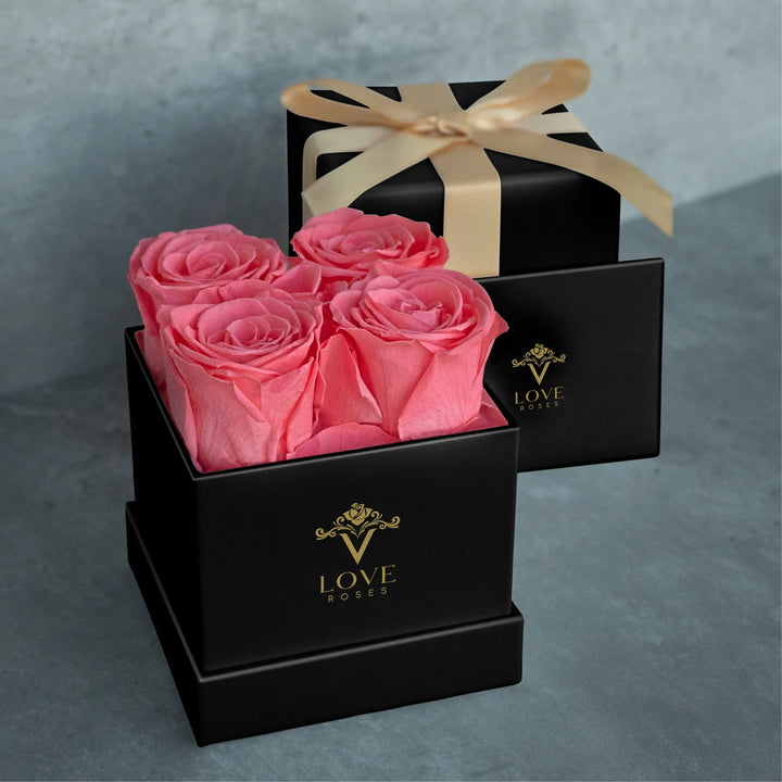 4 Pink Forever Roses in Black Box - VLove