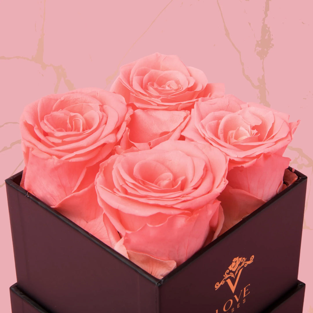 4 Pink Forever Roses in Black Box - VLove