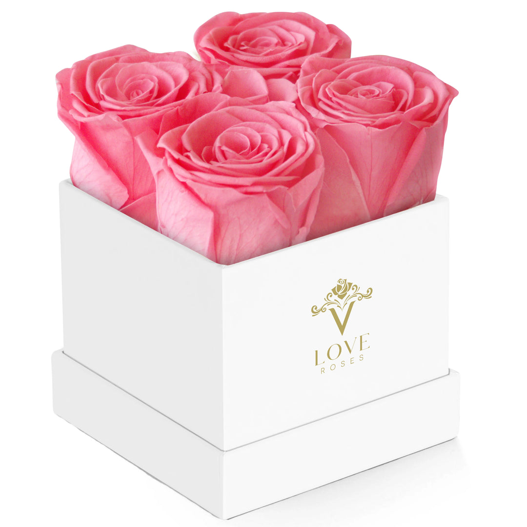 4 Pink Forever Roses in White Box - VLove