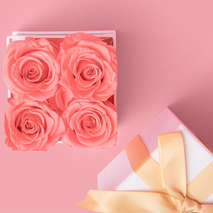 4 Pink Forever Roses in White Box - VLove