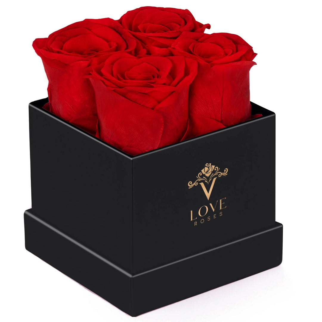 4 Red Forever Roses in Black Box - VLove