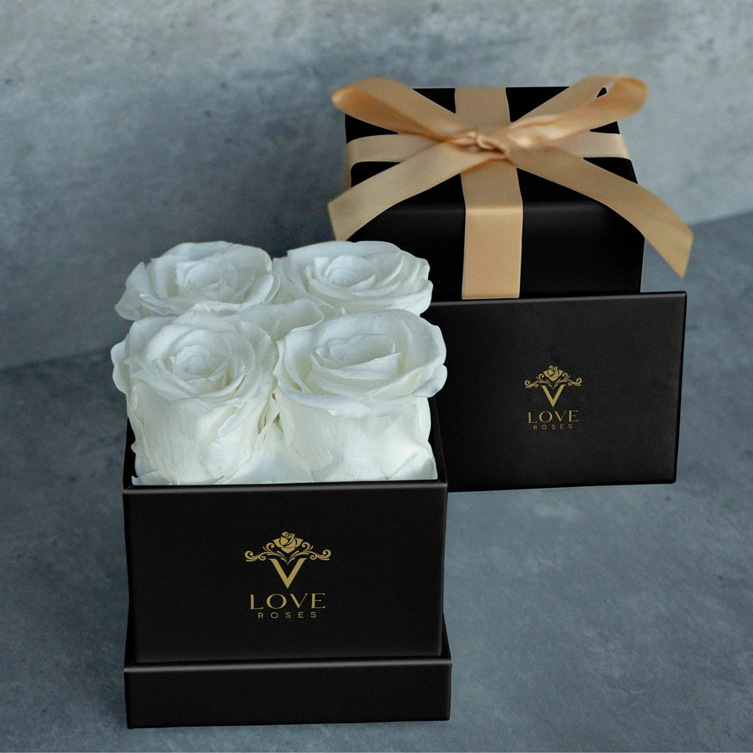 4 White Forever Roses in Black Box - VLove