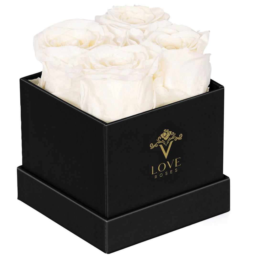 4 White Forever Roses in Black Box - VLove