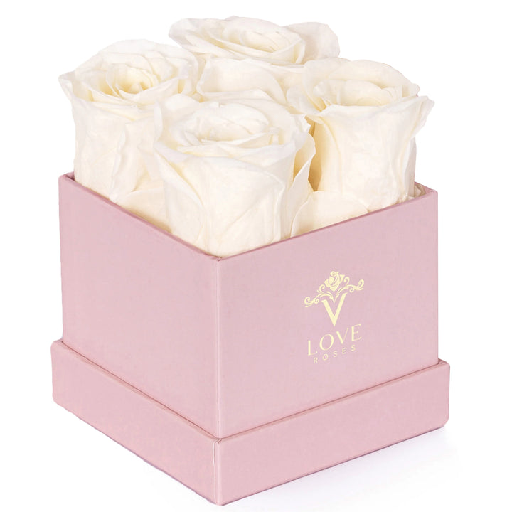 4 White Forever Roses in Pink Box - VLove