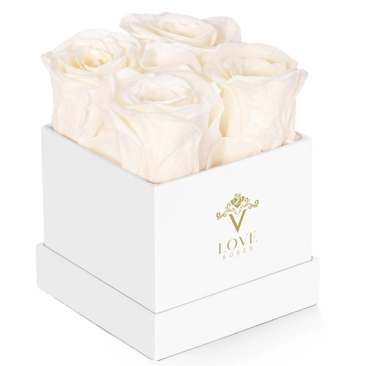 4 White Forever Roses in Pink Box - VLove