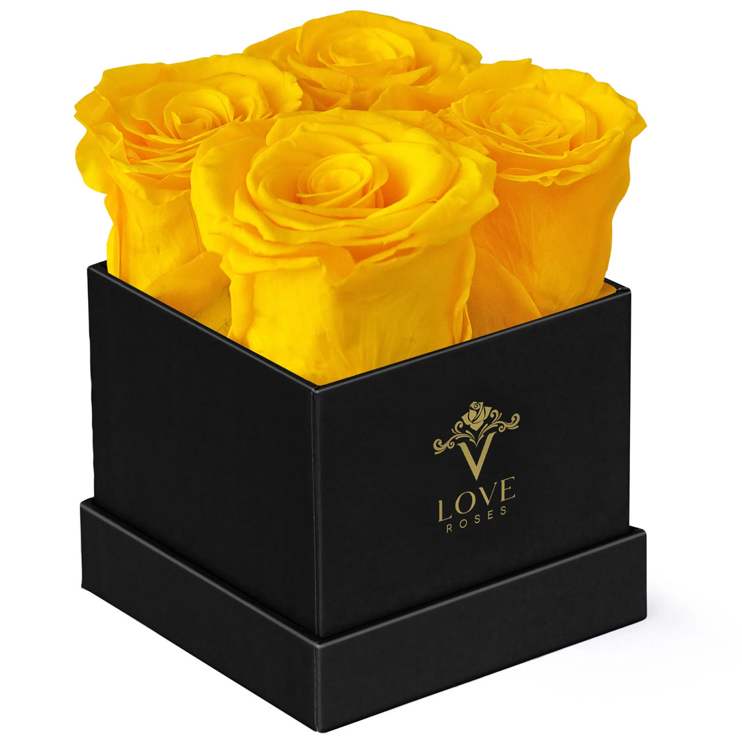 4 Yellow Forever Roses in Black Box - VLove