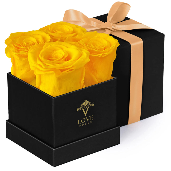 4 Yellow Forever Roses in Black Box - VLove