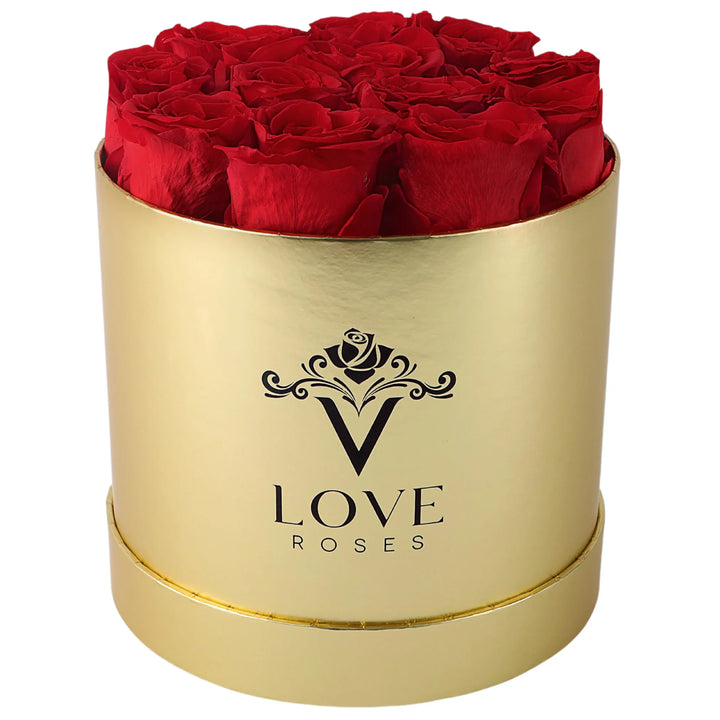 12 Red Forever Roses Gold Box - VLove