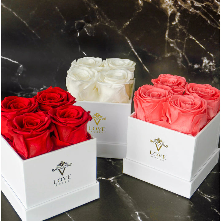 4 Red Forever Roses in White Box - VLove