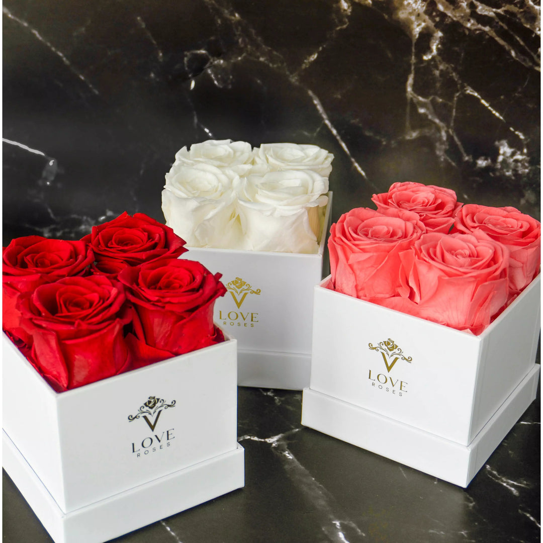 4 Red Forever Roses in White Box - VLove