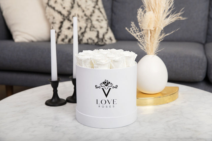 12 White Forever Roses in White Box - VLove