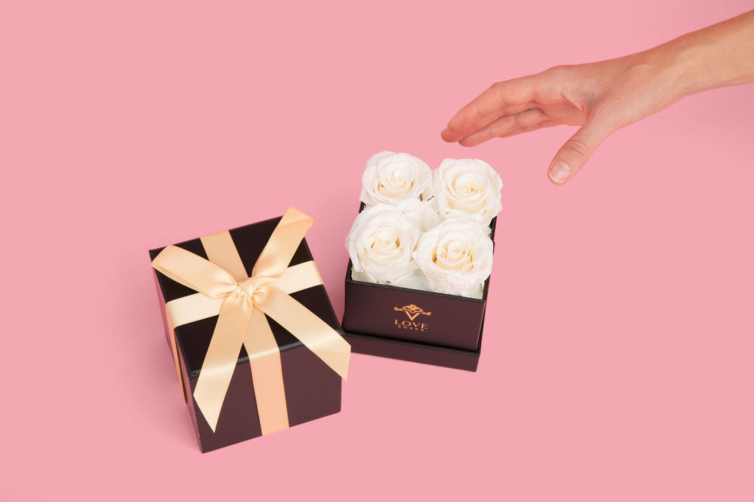 4 White Forever Roses in Black Box - VLove