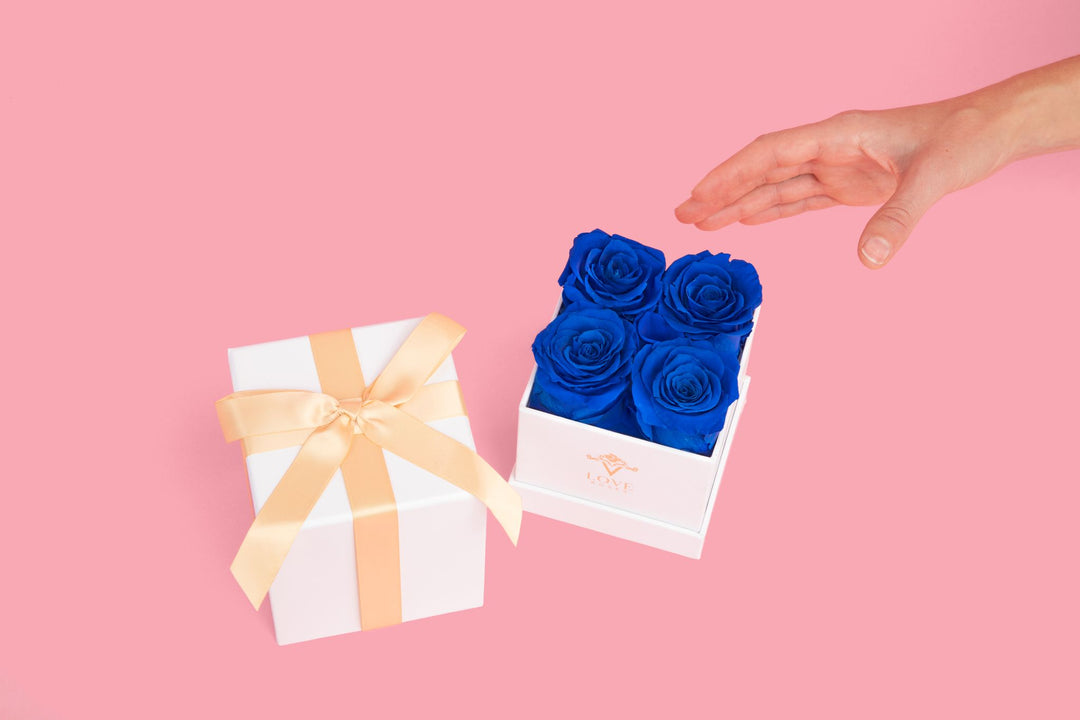 4 Blue Forever Roses in White Box - VLove