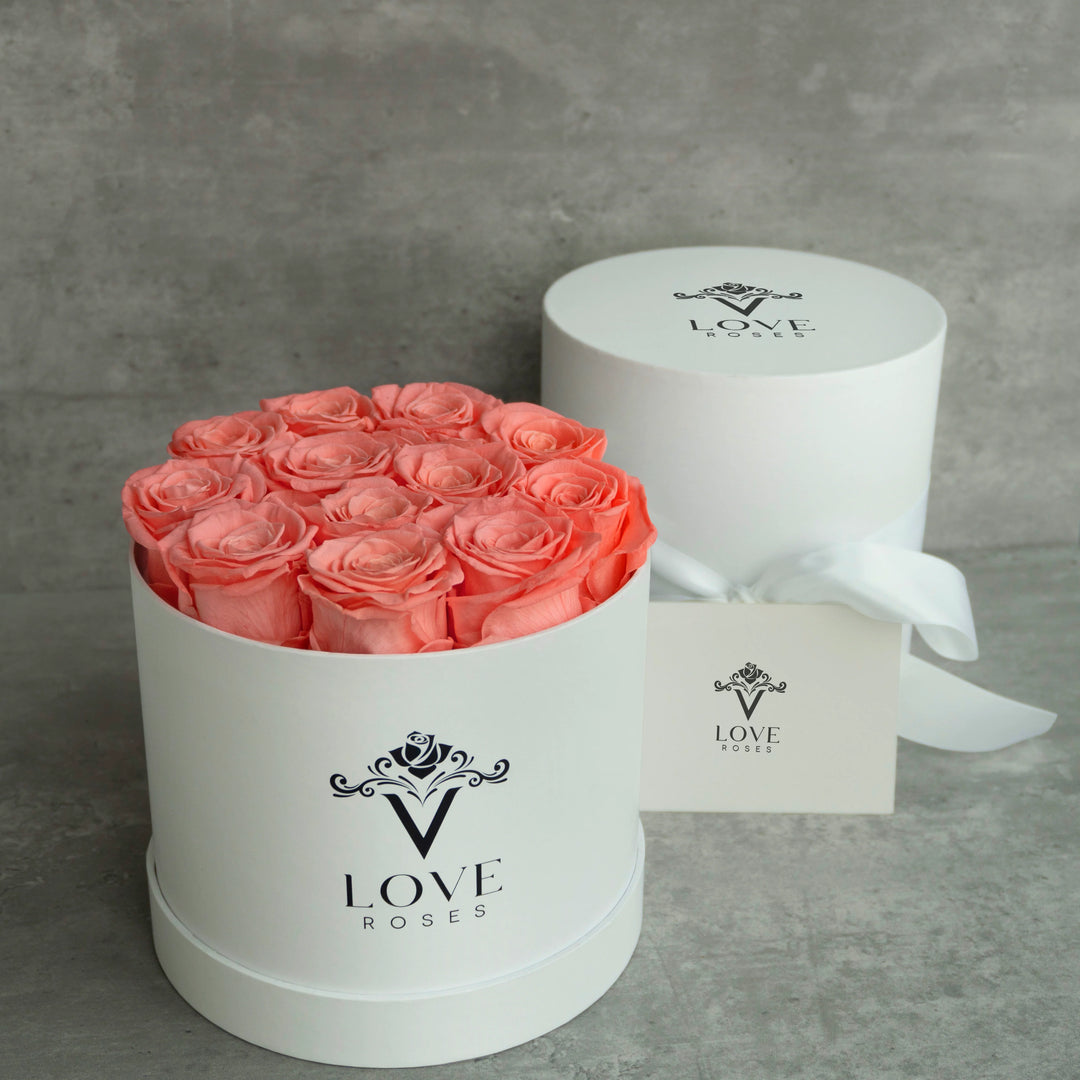 12 Pink Forever Roses in White Box - VLove