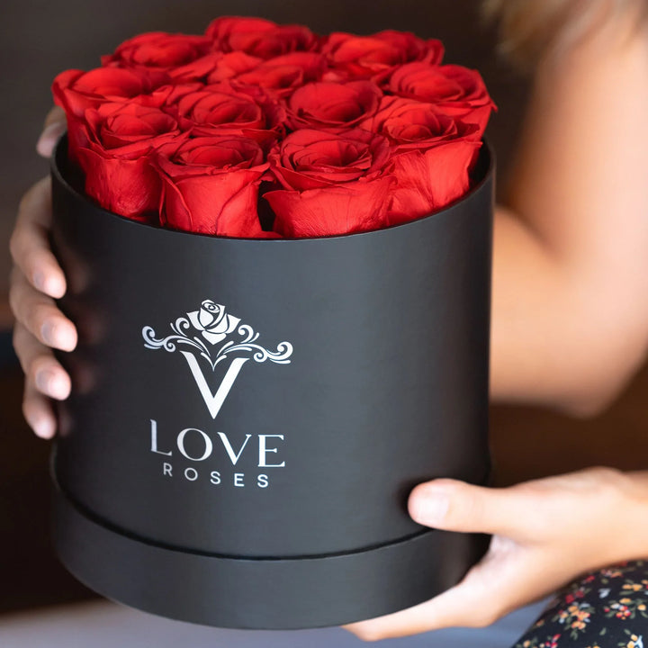12 Red Forever Roses in Black Box - VLove