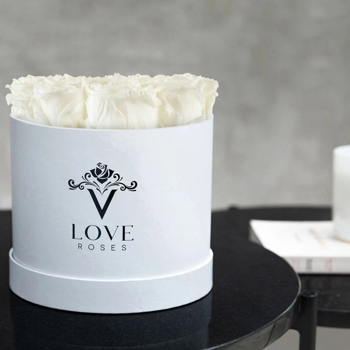 12 White Forever Roses in White Box - VLove