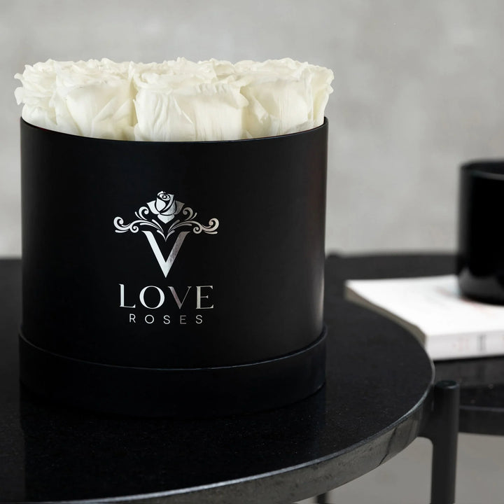 12 White Forever Roses in Black Box - VLove