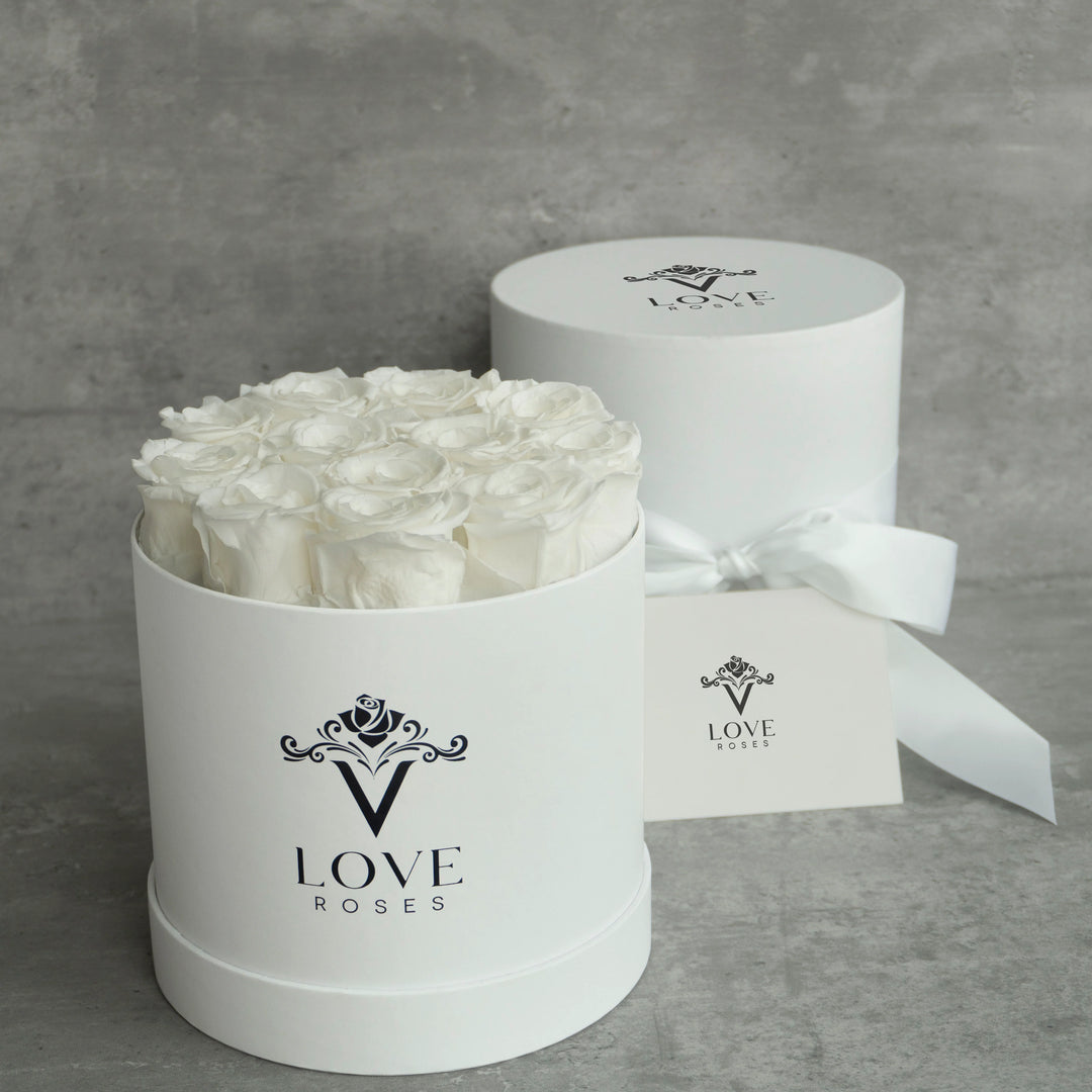 12 White Forever Roses in White Box - VLove