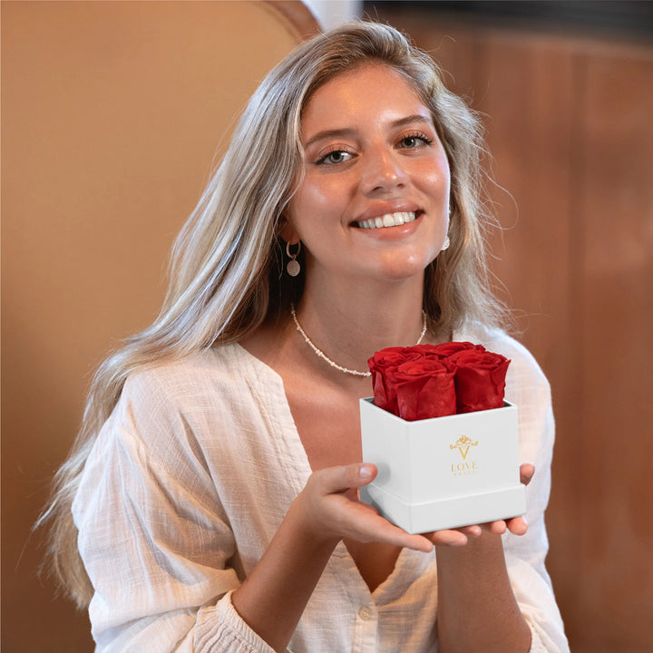 4 Red Forever Roses in White Box - VLove