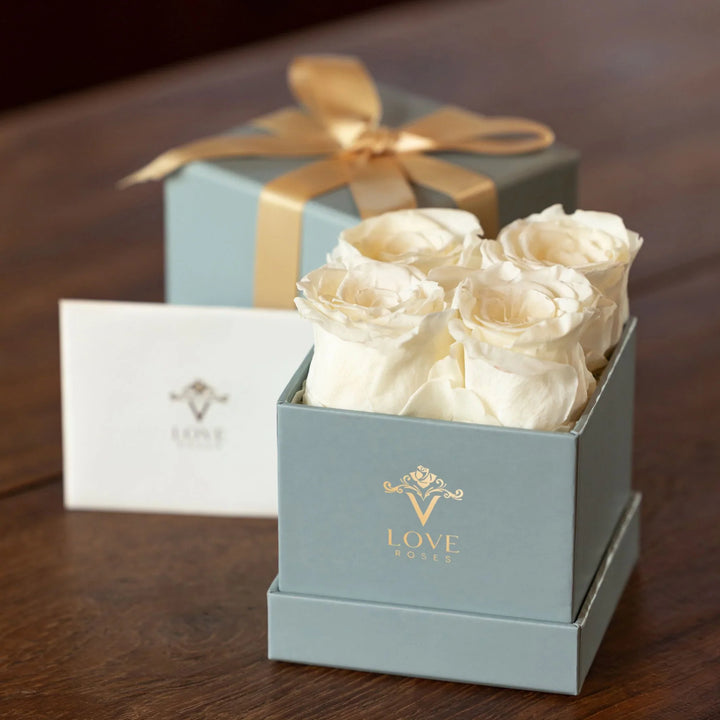 4 White Forever Roses in Blue Box - VLove