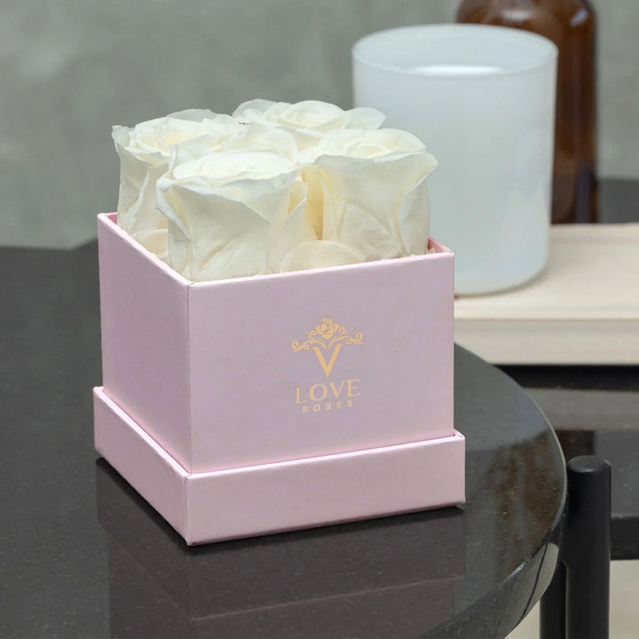 4 White Forever Roses in Pink Box - VLove