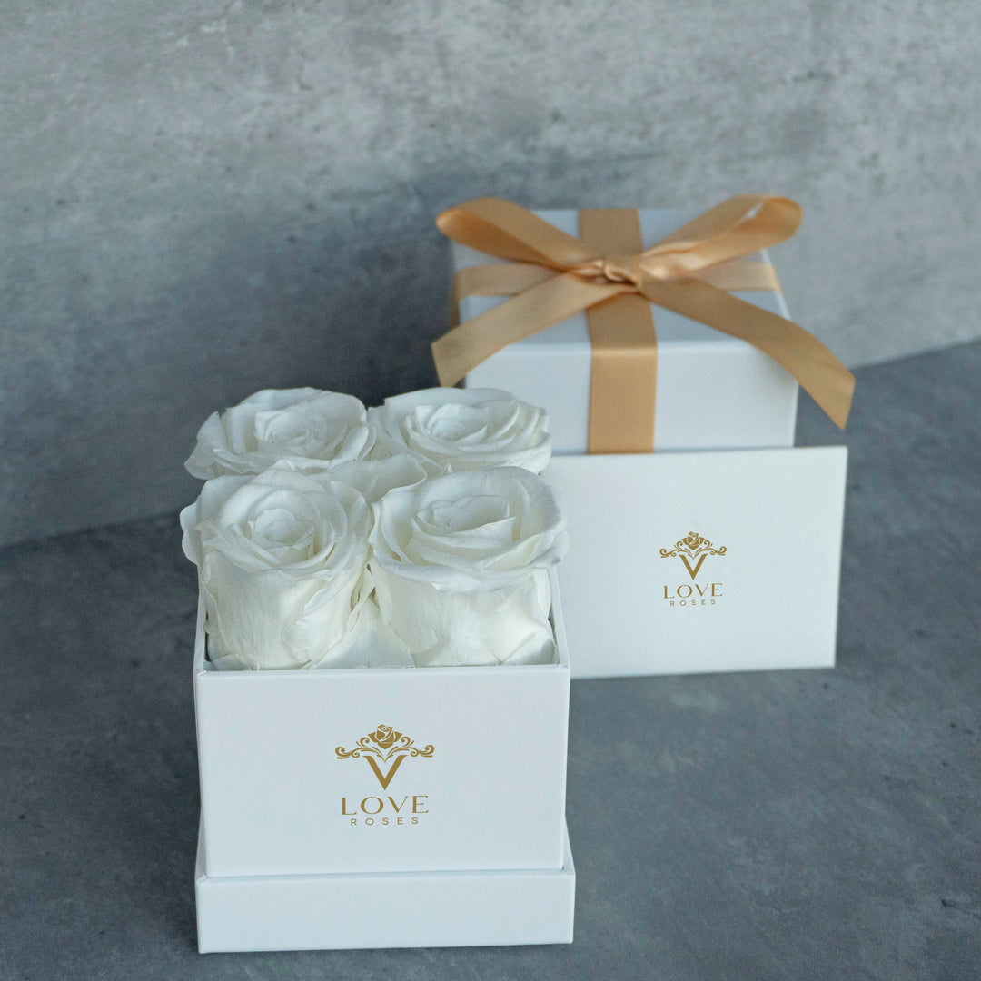 4 White Forever Roses in Pink Box - VLove