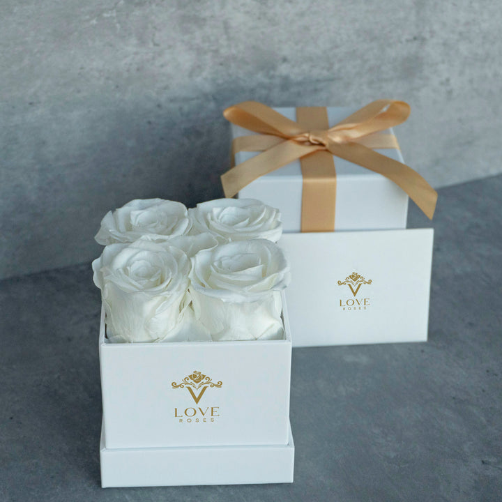4 White Forever Roses in Pink Box - VLove