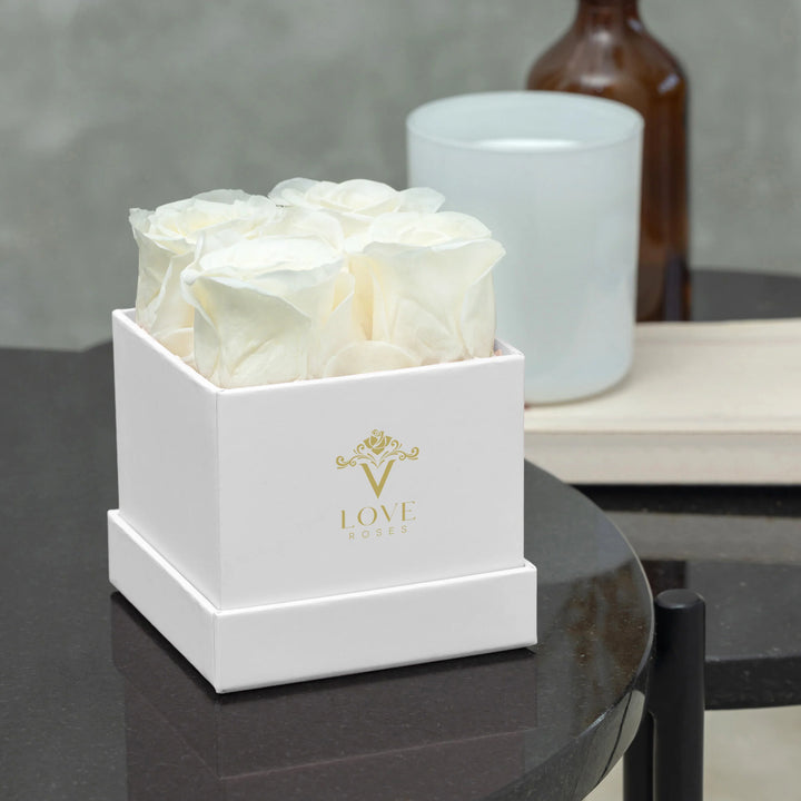 4 White Forever Roses in Pink Box - VLove