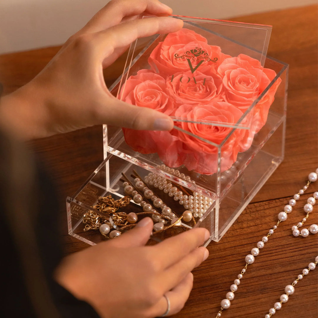 5 Pink Forever Roses in Acrylic Jewelry Box - VLove