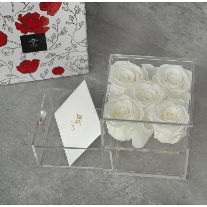5 White Forever Roses in Acrylic Jewelry Box - VLove