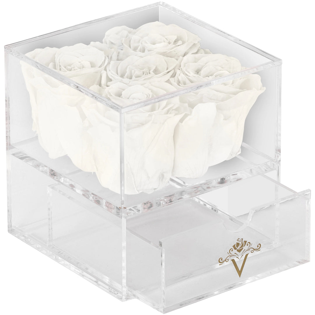 5 White Forever Roses in Acrylic Jewelry Box - VLove