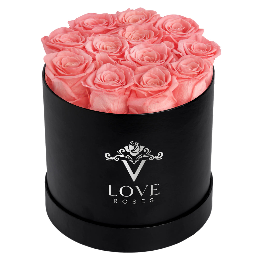  12 Pink Forever Roses in Black Box - VLove